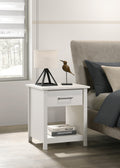 Celeste Nightstand - White Drawer | Compact Modern Design beside bed with lamp and decor. Features one drawer and open shelf for storage.
