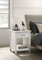 Celeste Nightstand - White Drawer | Compact Modern Design beside bed with lamp and decor. Features one drawer and open shelf for storage.