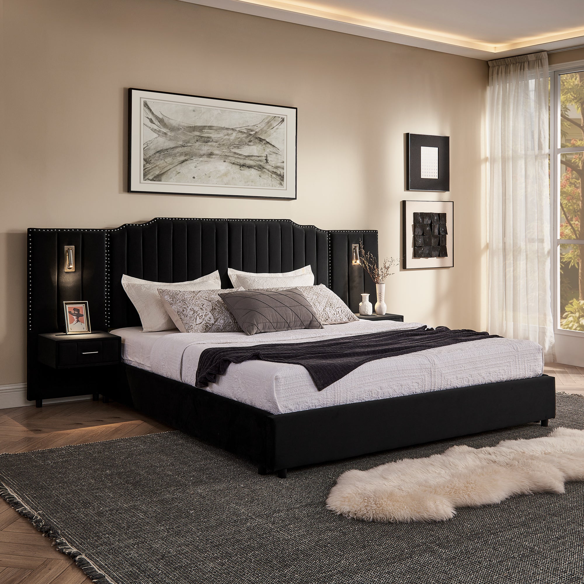 King Size Upholstered Bed Frame - Black Velvet with vertical tufted headboard, built-in lights, and side drawers in modern bedroom.