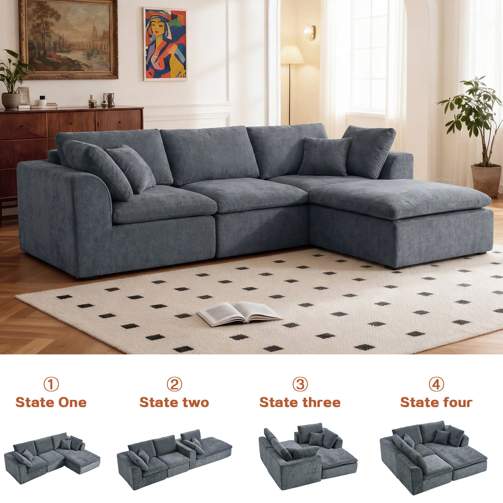 Four transformation states of the L-Shaped Sectional Sofa - Modern Reversible Chaise Couch, showcasing its modular and flexible design.