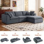 Four transformation states of the L-Shaped Sectional Sofa - Modern Reversible Chaise Couch, showcasing its modular and flexible design.