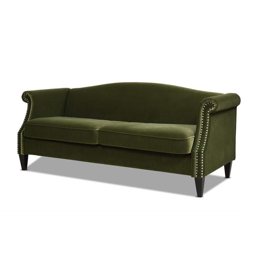 Elaine 77' Small Space Sofa in Olive Green Velvet.