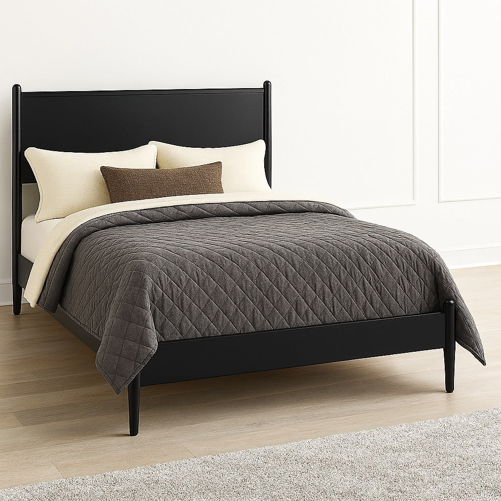 Full size Mid-Century Modern Platform Bed in matte black finish, featuring minimalist design and solid wood frame on light wood flooring.