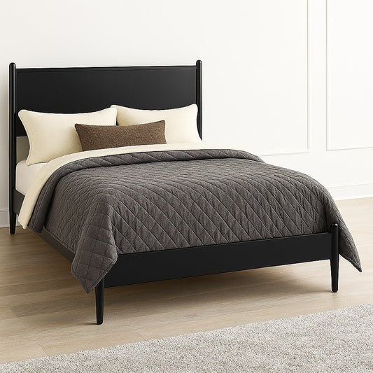 Full size Mid-Century Modern Platform Bed in matte black finish, featuring minimalist design and solid wood frame on light wood flooring.