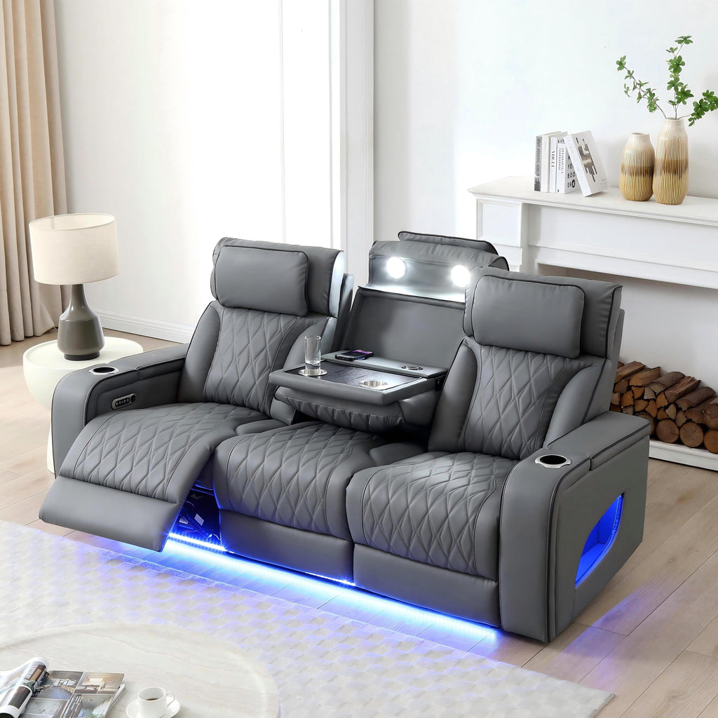 Lumin 84-Inch Gray Faux Leather Power Reclining Sofa with LED Lights