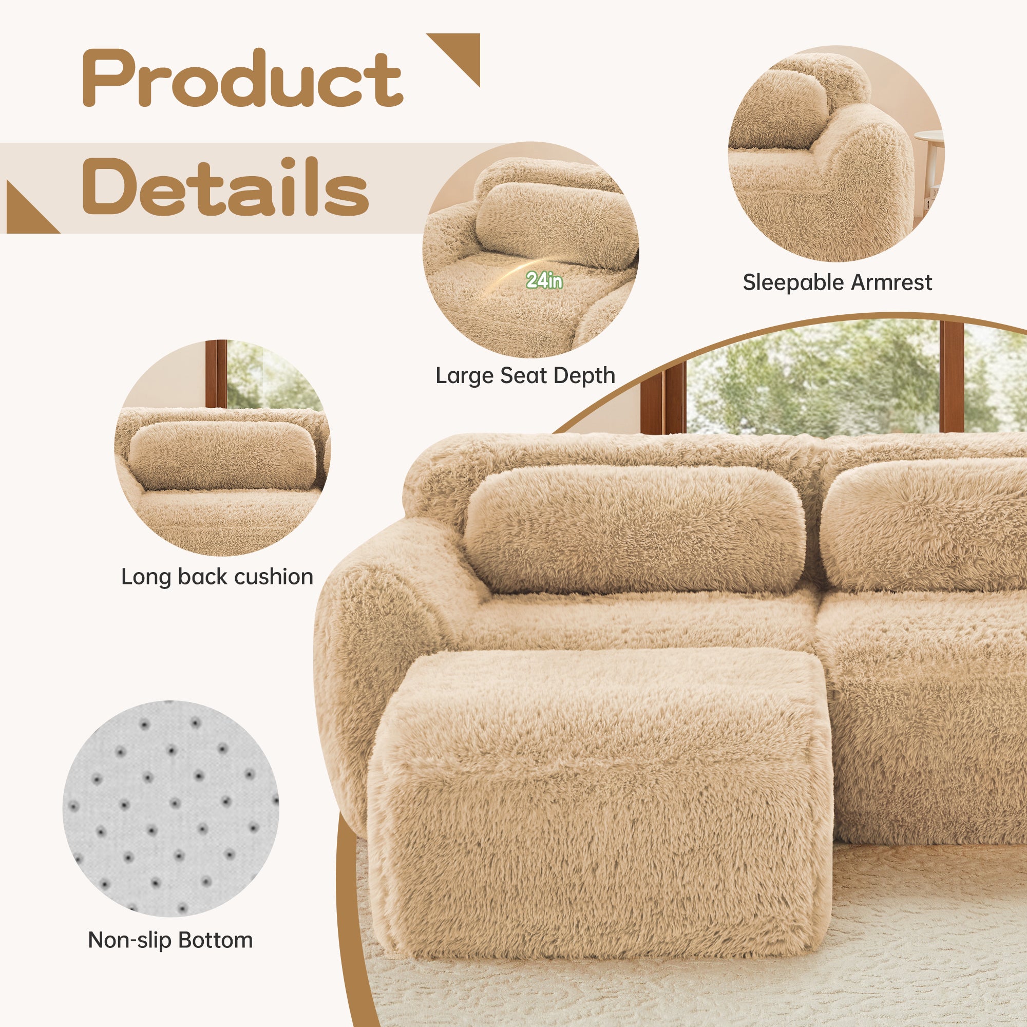 Product details of modular sofa including sleepable armrest, long back cushion, large seat depth, and non-slip bottom.