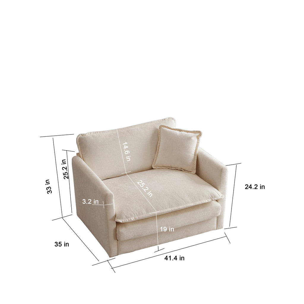 Dimensions of single seat unit from 3 piece beige chenille sectional sofa. Compact and versatile for modular arrangements.