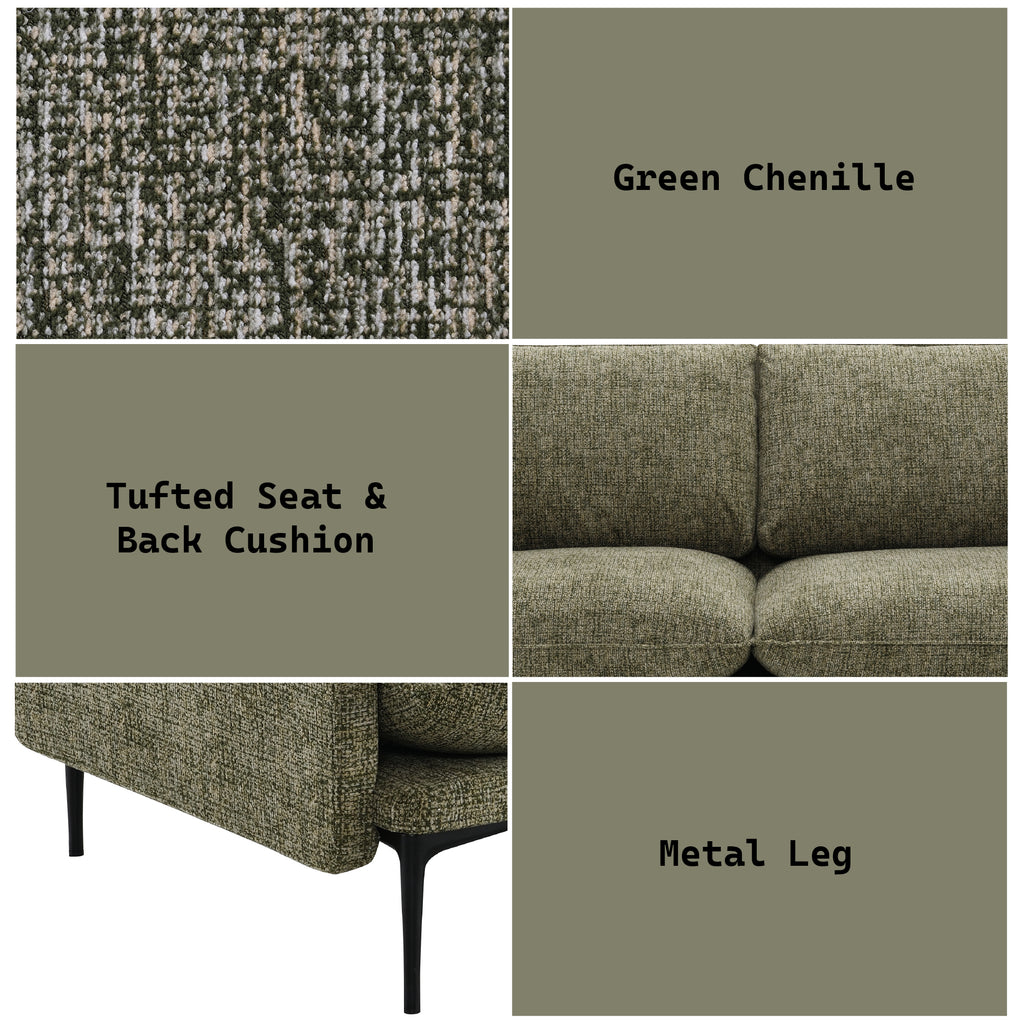 Dalton Green Fabric Sofa - Compressed Cushion details showing green chenille fabric, tufted cushions, and black metal legs.