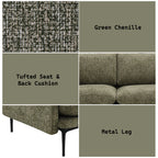 Dalton Green Fabric Sofa - Compressed Cushion details showing green chenille fabric, tufted cushions, and black metal legs.
