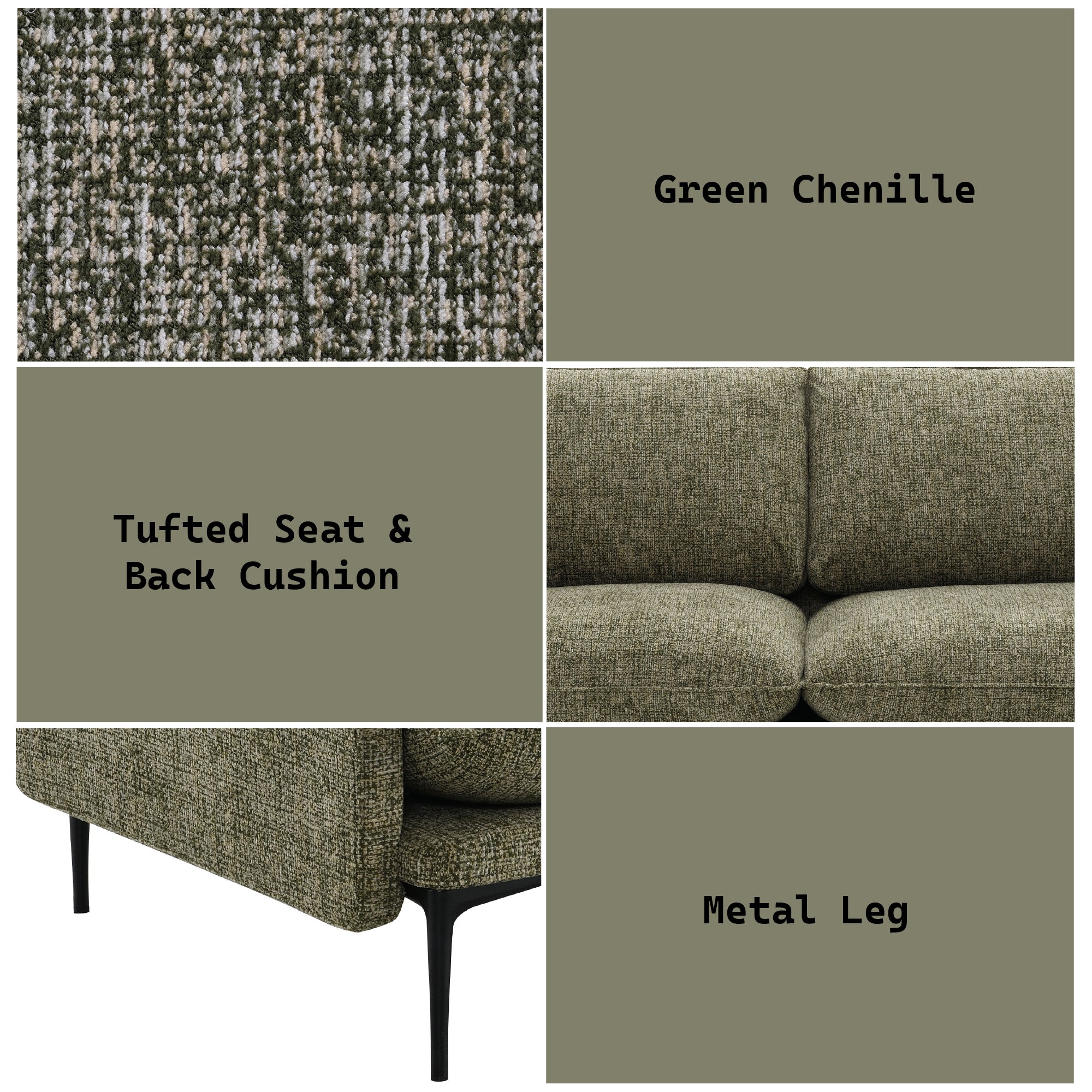 Dalton Green Fabric Sofa - Compressed Cushion details showing green chenille fabric, tufted cushions, and black metal legs.