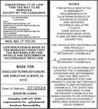 Product label for modular sectional sofa detailing materials, flammability standards, and manufacturing origin. Complies with U.S. safety regulations.