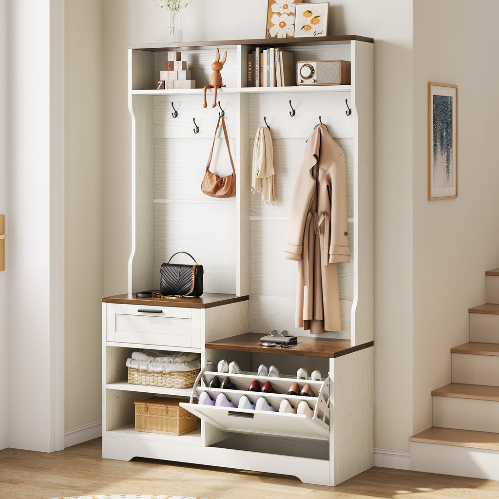 Embossed white and walnut MDF hall tree featuring a bench, coat hooks, open shelving, a drawer, and shoe storage.