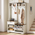 Embossed white and walnut MDF hall tree featuring a bench, coat hooks, open shelving, a drawer, and shoe storage.