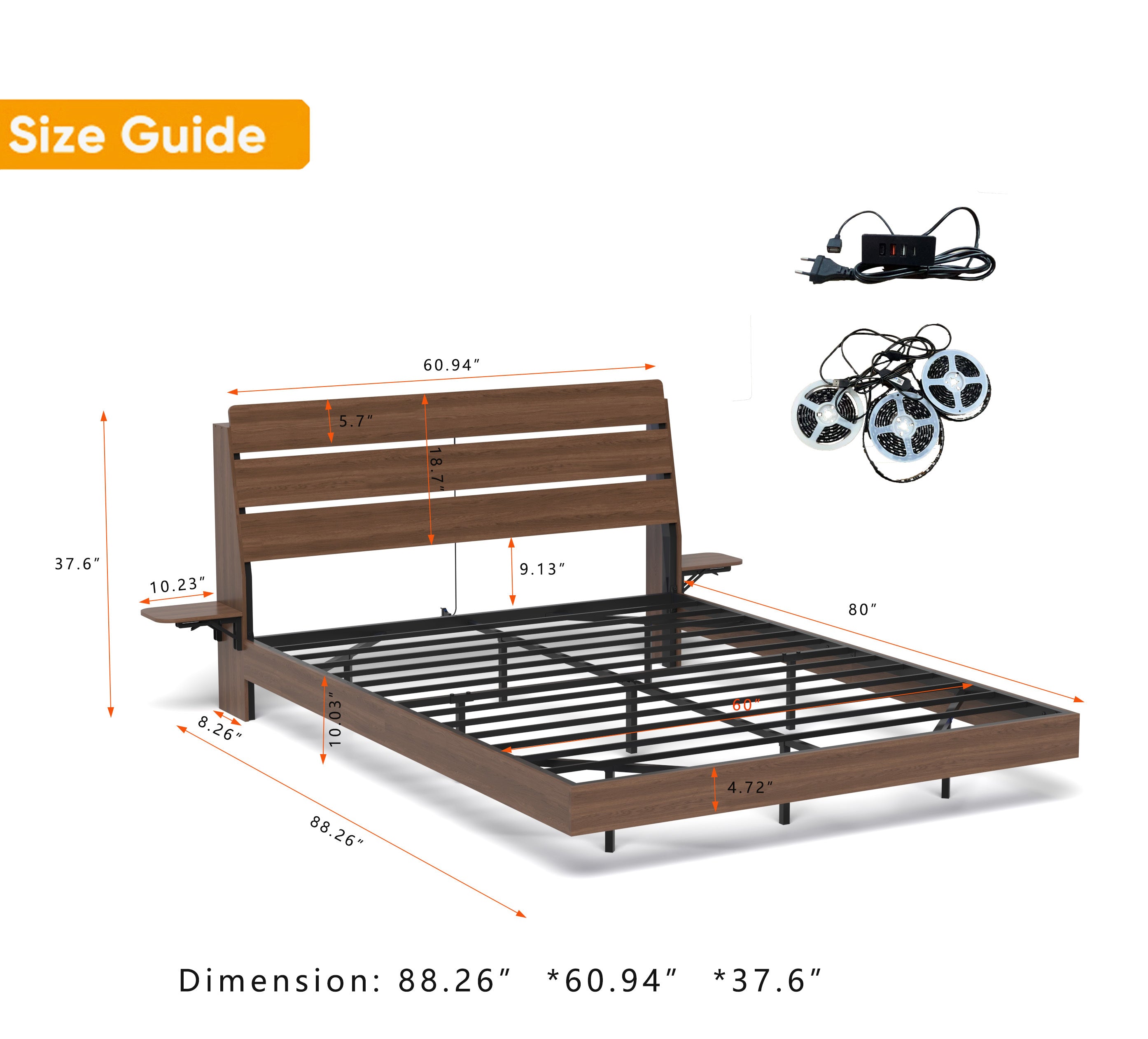 Floating queen bed frame size guide with dimensions and LED light kit, showing metal slats and headboard measurements.