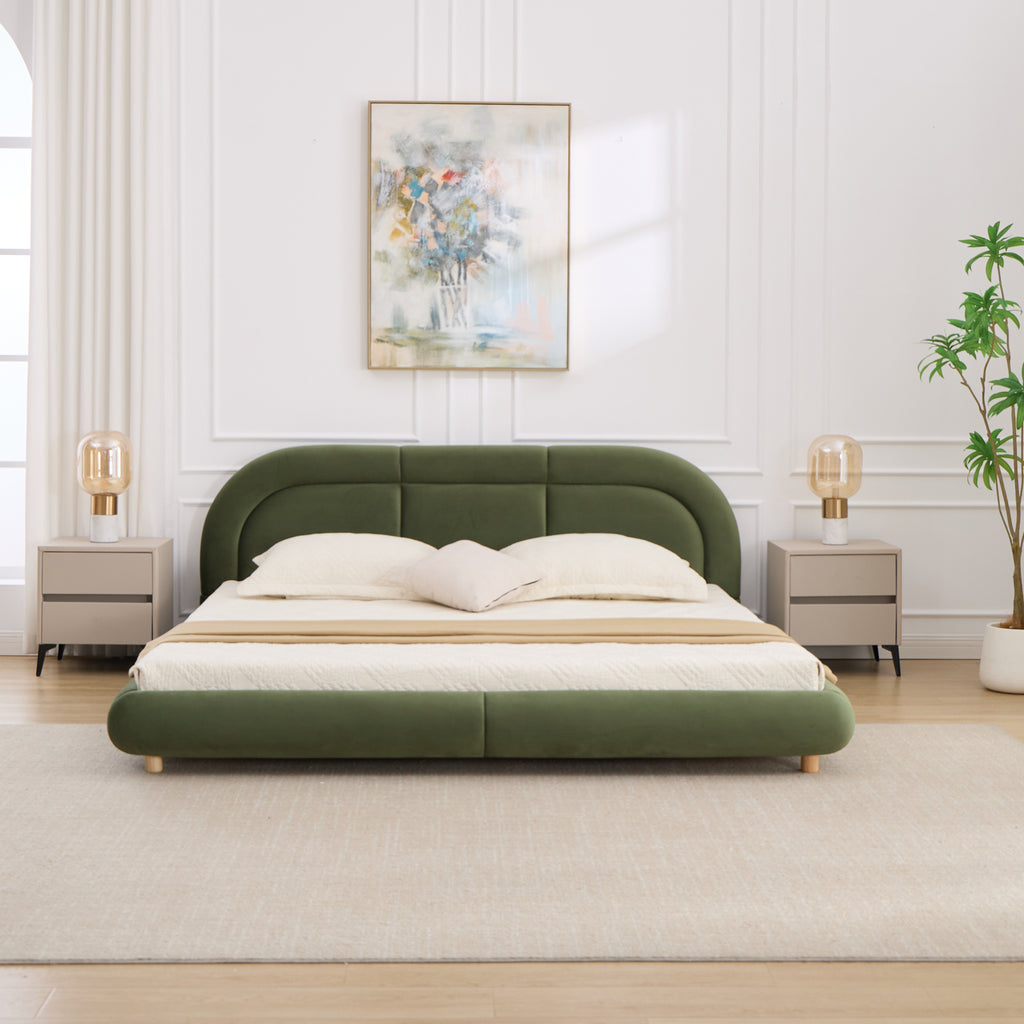 King Size Modern Green Velvet Low Profile Platform Bed with Headboard
