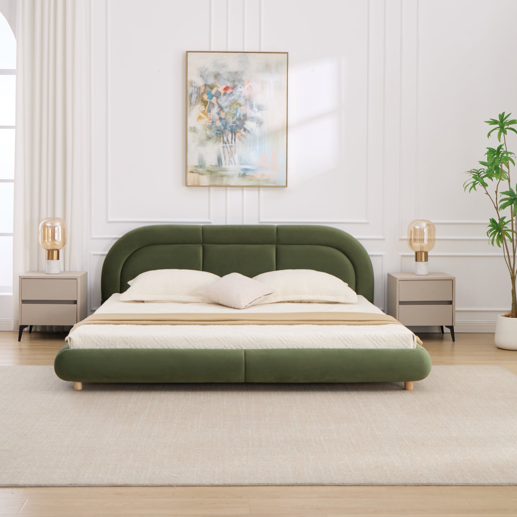 King Size Modern Green Velvet Low Profile Platform Bed with Headboard