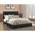 Modern black upholstered queen panel bed with a clean-lined headboard and minimalist low-profile frame.