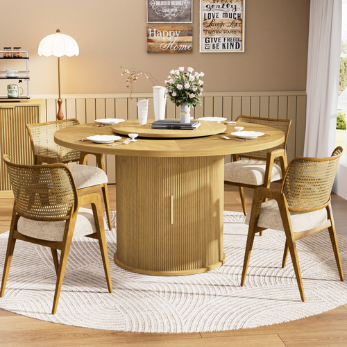 55-inch round dining table for six, featuring a double-tiered storage rack and a rotating tabletop tray. Wooden wavy-striped sliding doors. Ideal for home dining room living room (Natural).