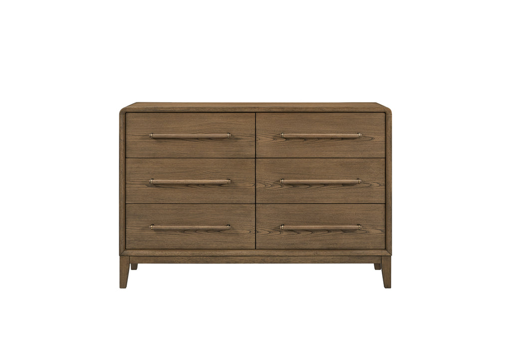 Solid wood small dresser in latte finish with six drawers and sleek metal handles, ideal for compact bedroom storage solutions.