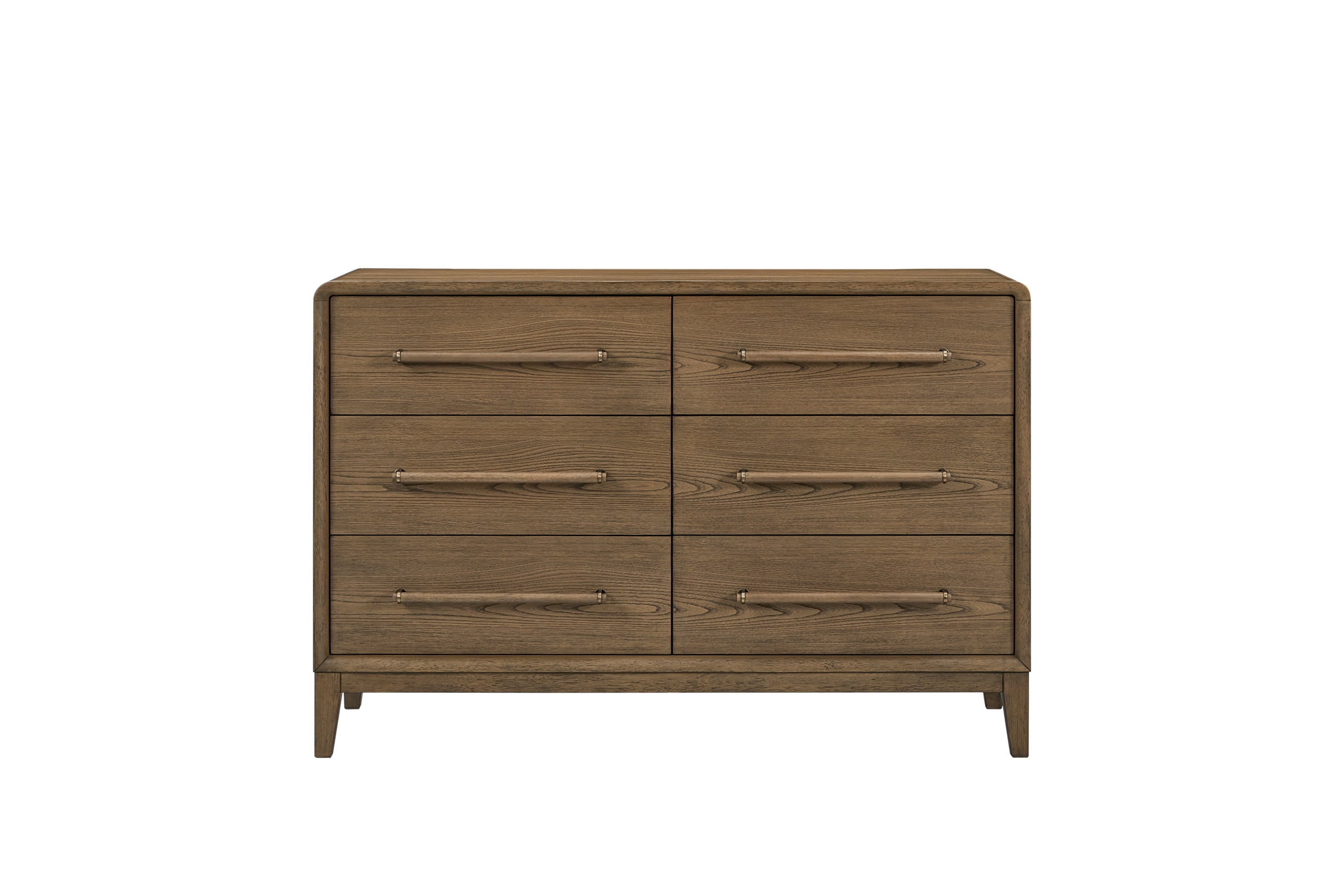 Solid wood small dresser in latte finish with six drawers and sleek metal handles, ideal for compact bedroom storage solutions.