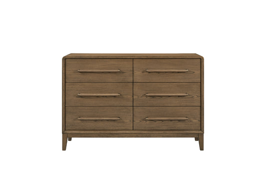 Solid wood small dresser in latte finish with six drawers and sleek metal handles, ideal for compact bedroom storage solutions.