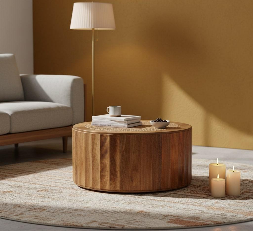 Artisan Solid Wood Coffee Table with Rattan Design.