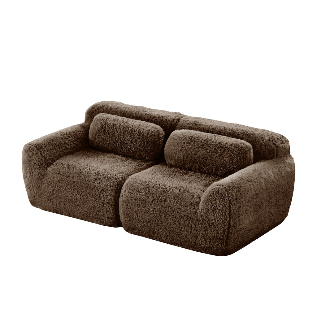 Brown 2-seater modular sectional sofa in plush fabric with rounded edges and no visible assembly parts.