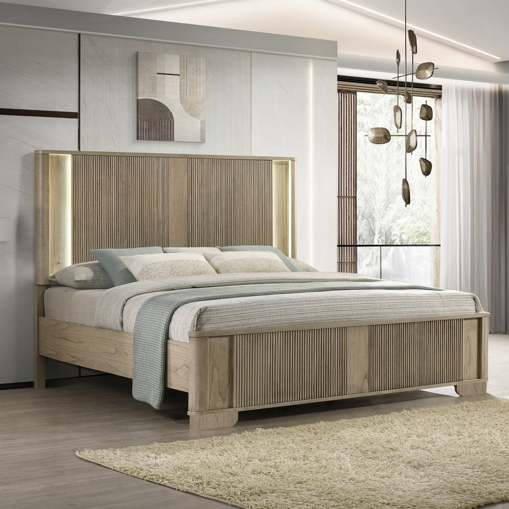 Queen Bed with LED Headboard - Rustic Oak, Solid Wood