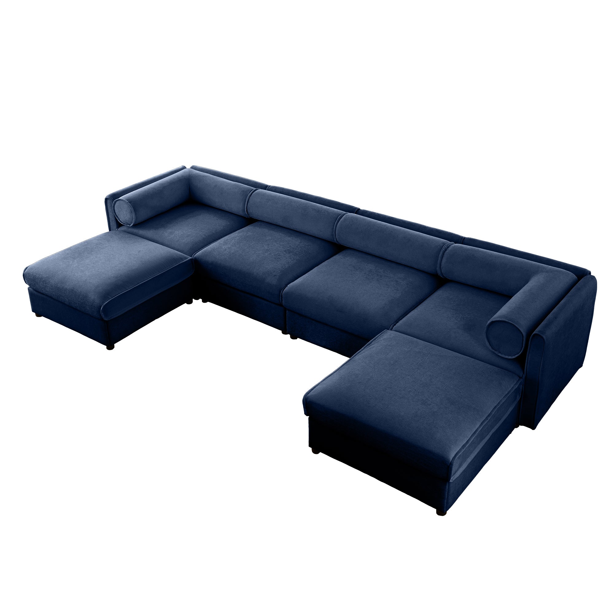 Extra-large blue chenille U-shaped modular sectional sofa with two chaises and cylindrical bolster pillows.