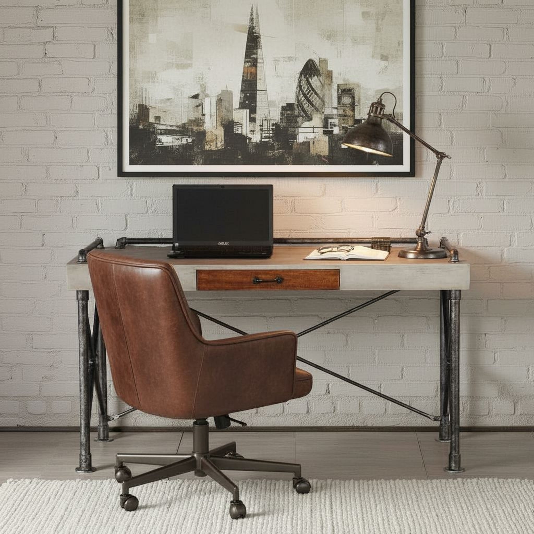 Steampunk 56-Inch Writing Desk in Faux Concrete and Iron