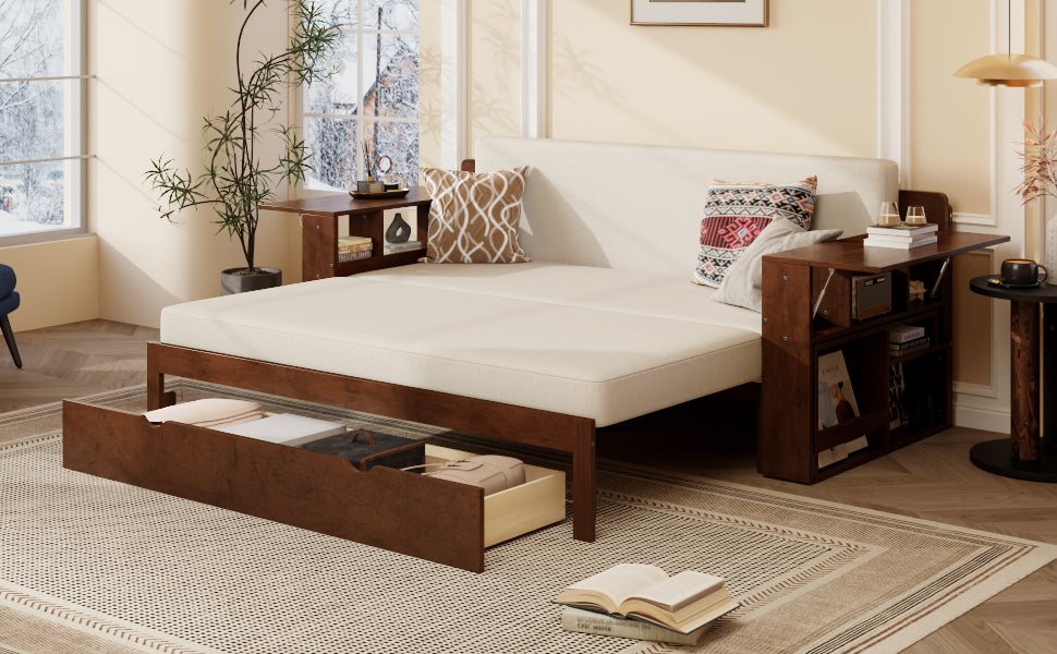 Queen Multifunctional Daybed with underbed storage drawer open, showcasing hidden storage for bedding or essentials.