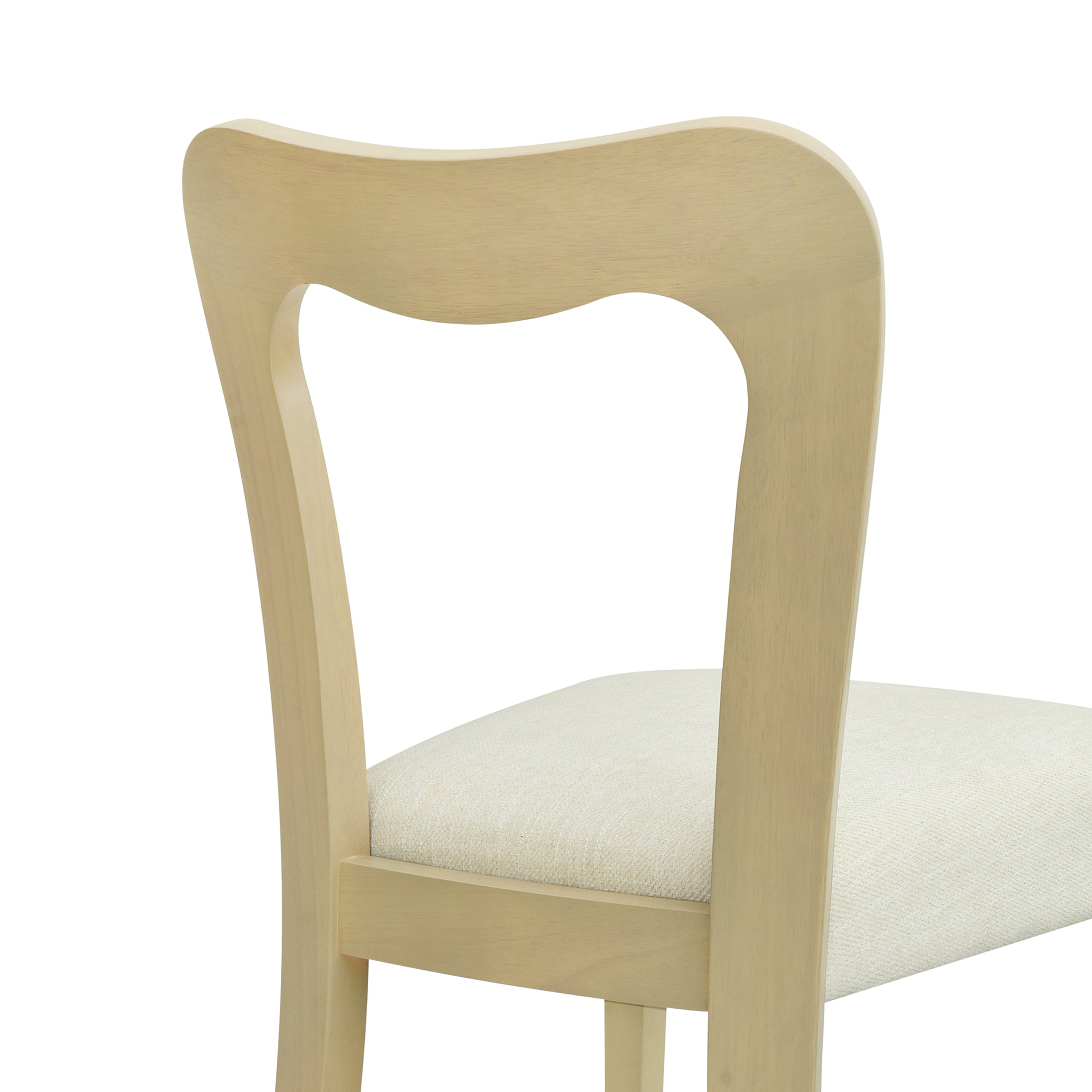 Backrest detail of a contemporary dining chair in light ash wood, highlighting the smooth curves and beige upholstery.