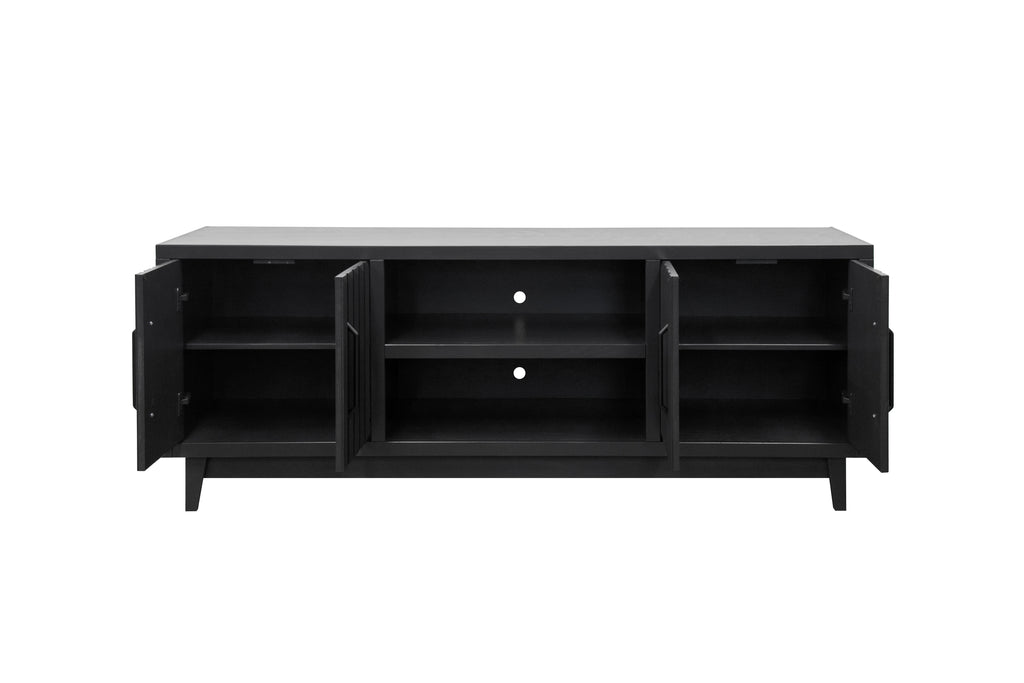 Radiance TV Stand 85 inch TVs - Black Finish with all cabinet doors open, revealing spacious interior storage compartments.