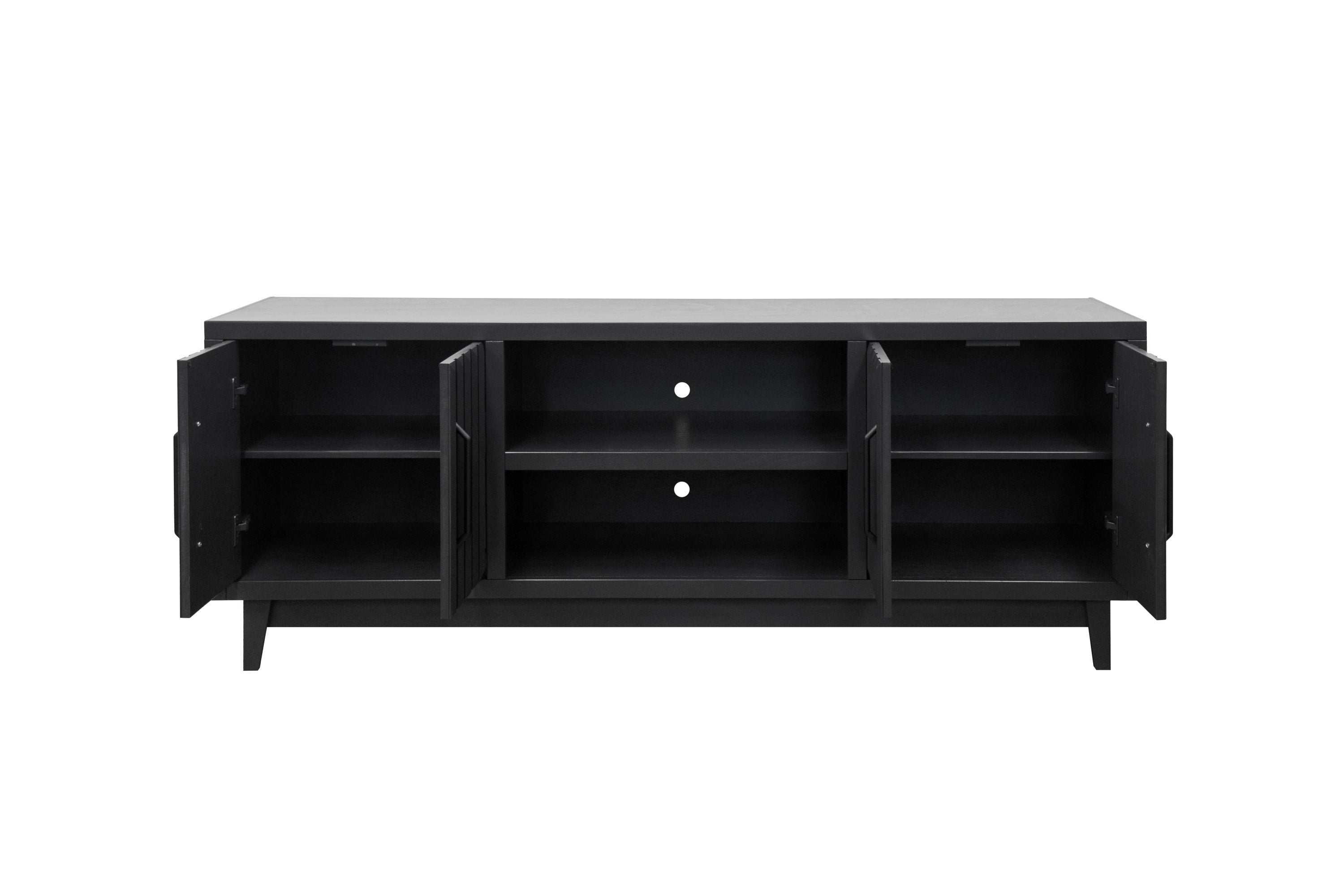 Radiance TV Stand 85 inch TVs - Black Finish with all cabinet doors open, revealing spacious interior storage compartments.