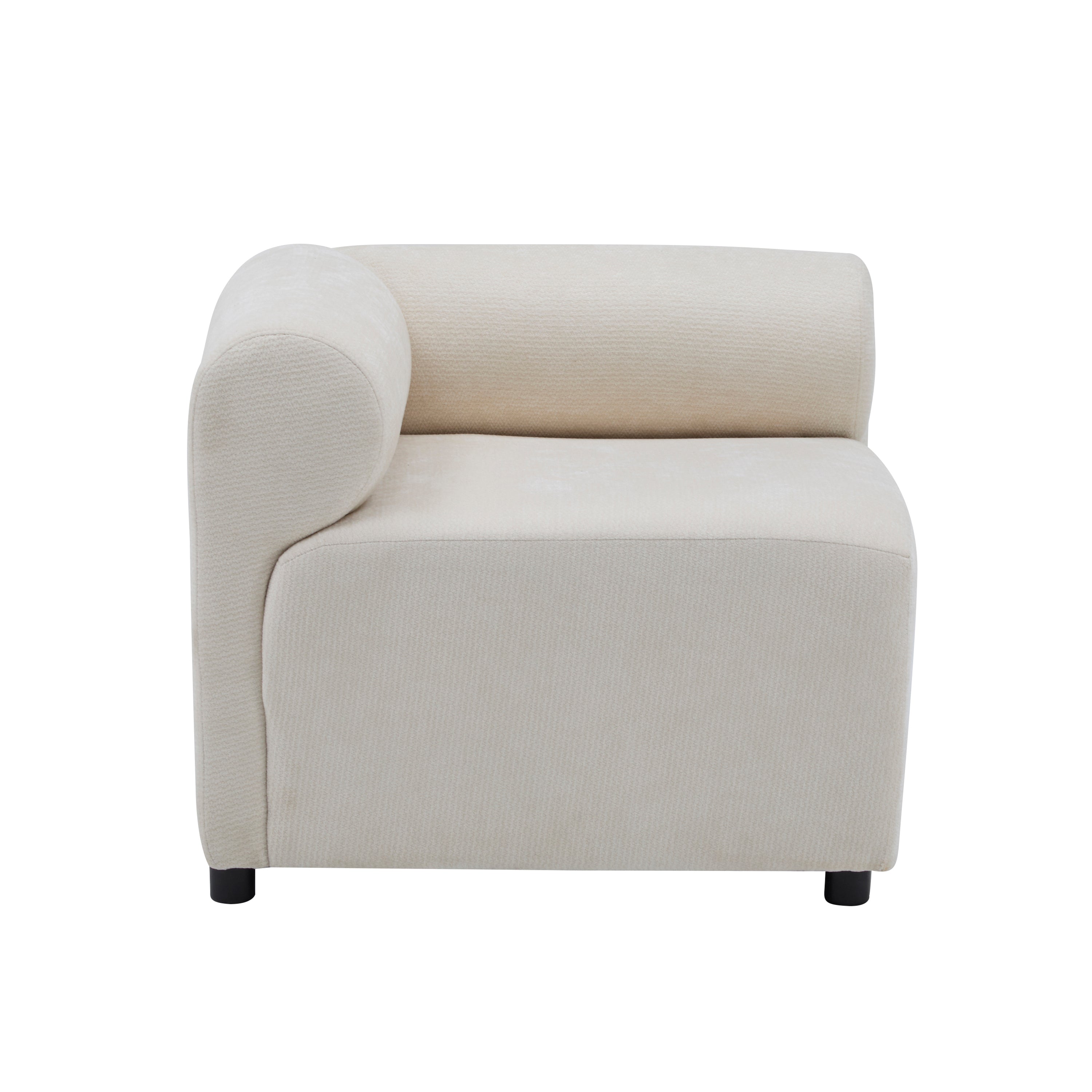 Side view of the Evelyn sectional sofa corner piece with curved armrest and soft chenille fabric in cream color.