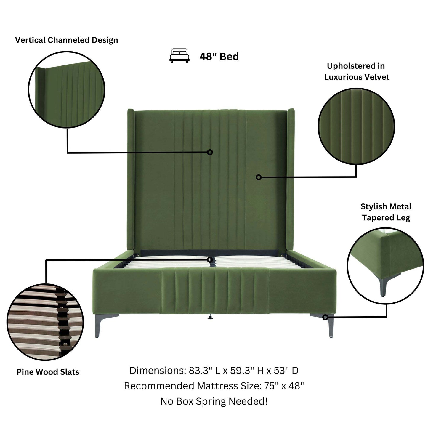 Infographic of Moss Green 48' Velvet Bed highlighting vertical stitching, velvet upholstery, pine wood slats, and metal legs.