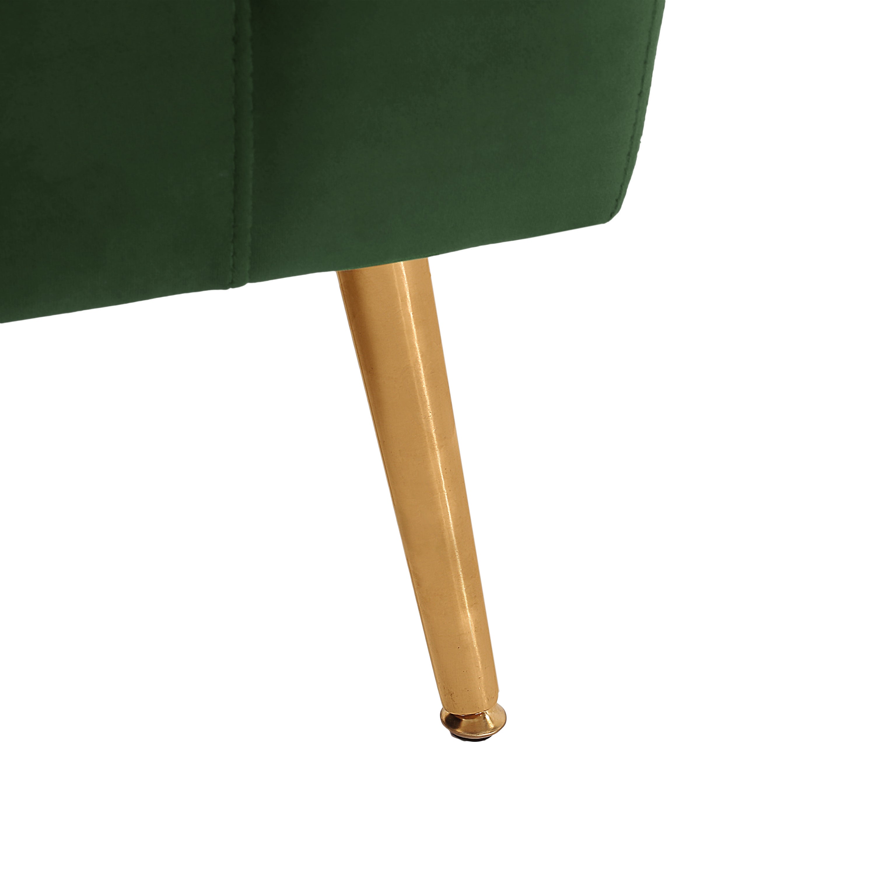 Close-up of gold metal leg on Retro Green Velvet Loveseat - Modern Design, highlighting its sturdy and stylish construction.
