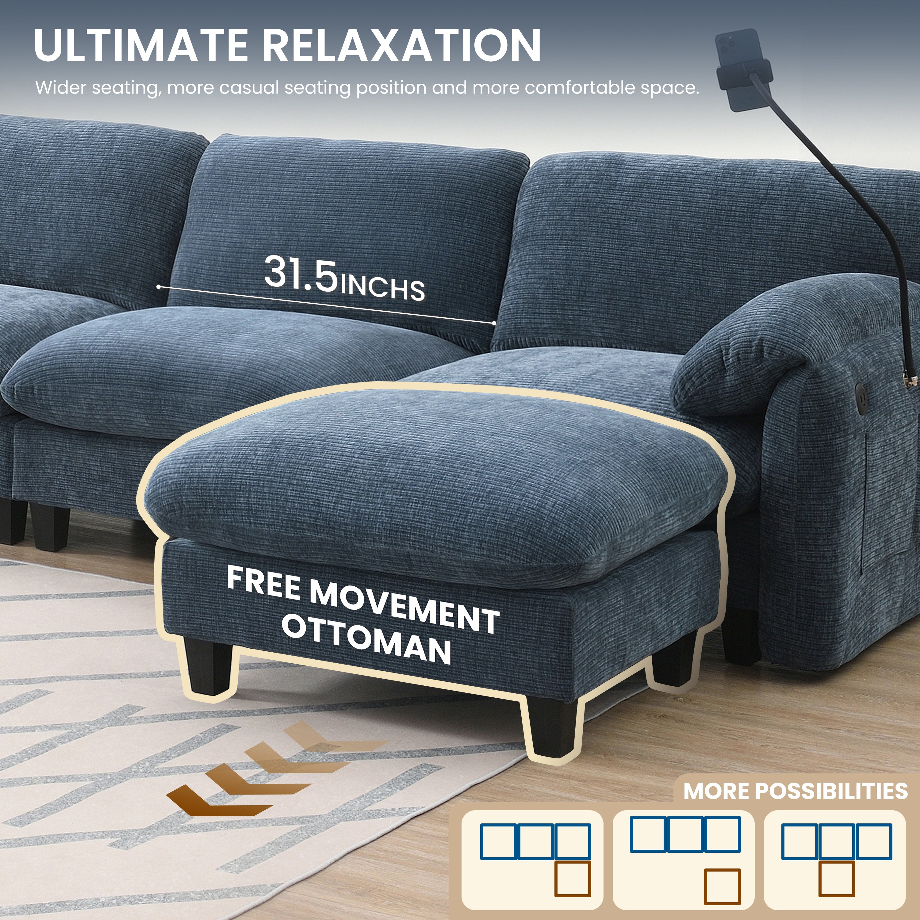 Free movement ottoman with modular sofa for customizable seating layout and enhanced relaxation in any room setup.