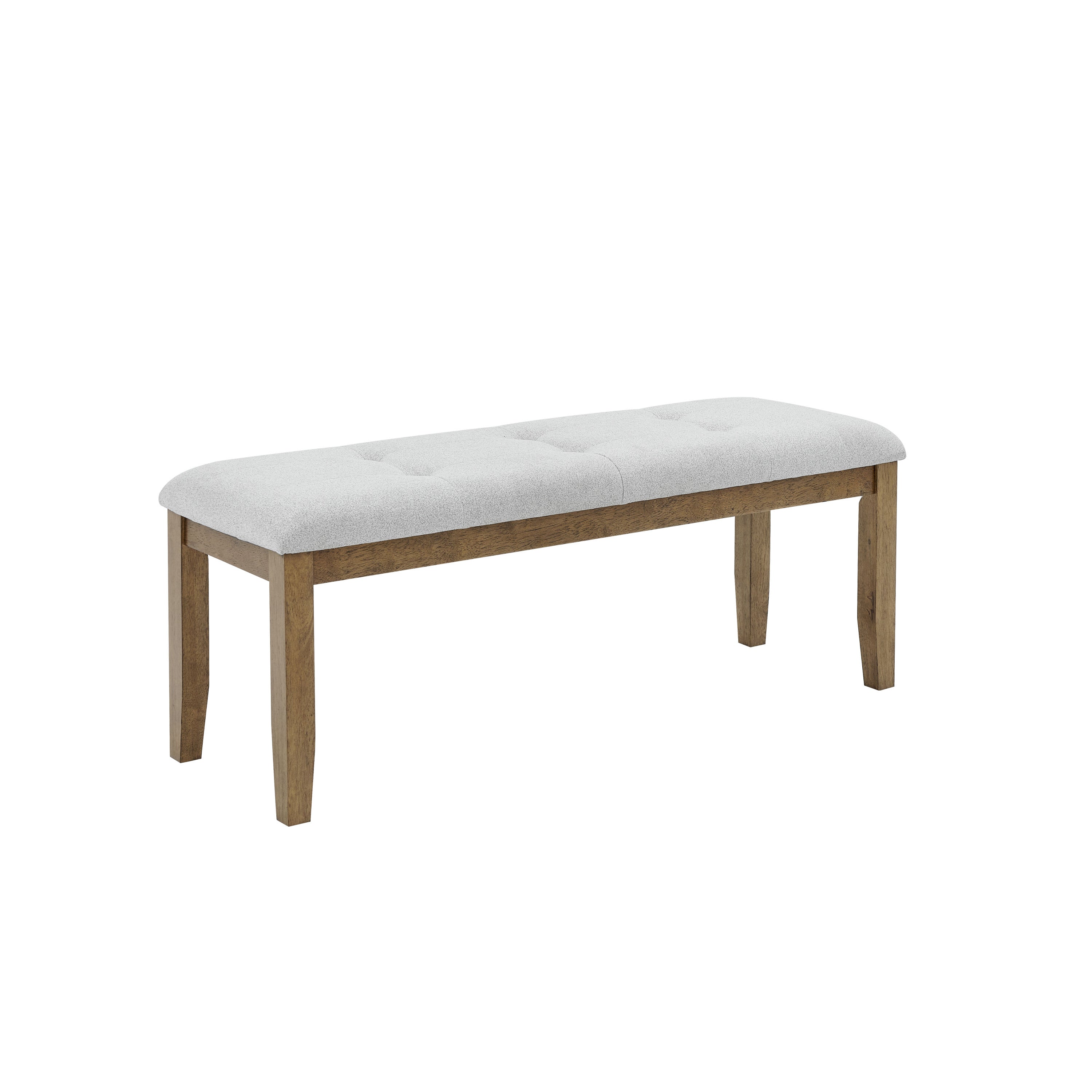 Upholstered dining bench from Darla Dining Set in walnut oak finish with tufted light gray cushion for added comfort.
