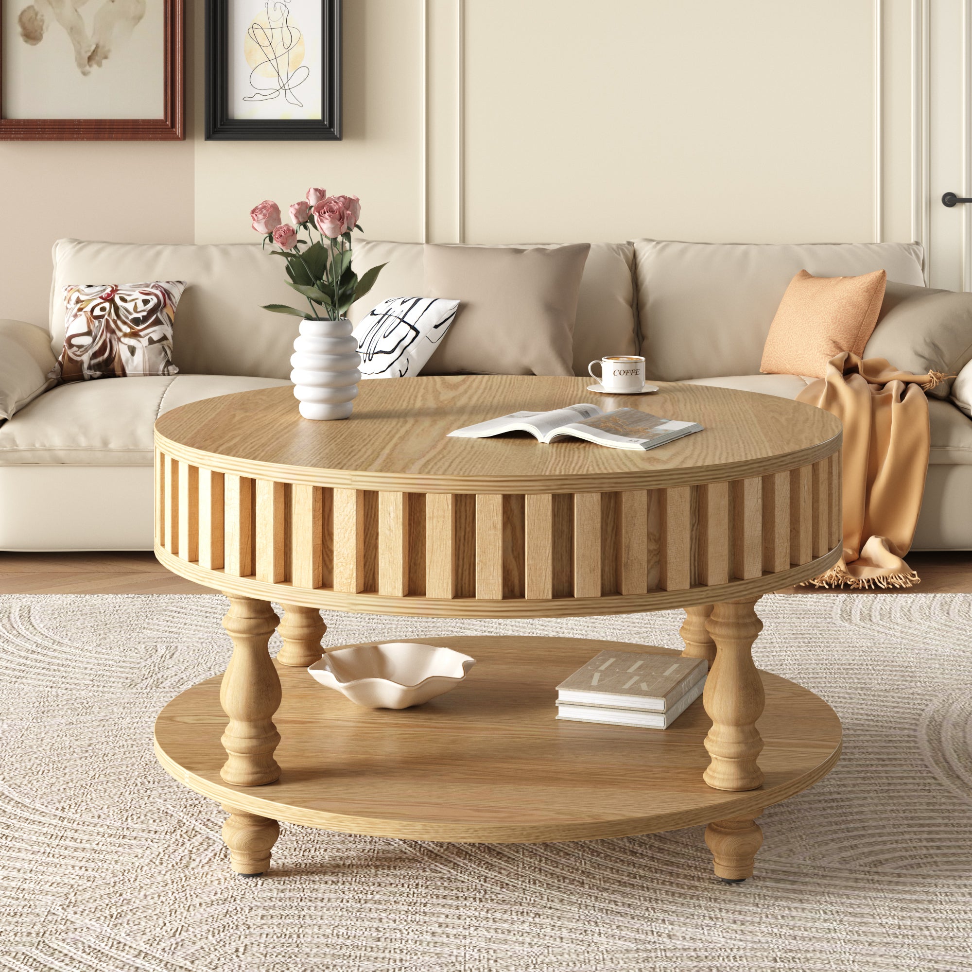 Natural wood mid-century coffee table with fluted detailing and lower shelf, placed in a cozy living room setting.