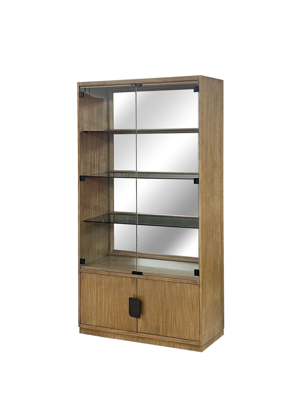 Solid wood eucalyptus display cabinet with tempered glass doors and mirrored interior, ideal for showcasing decor in modern spaces.