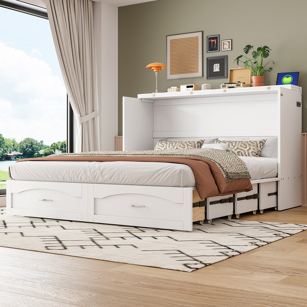 Queen Size Murphy Wall Bed in White with USB Ports and Drawer