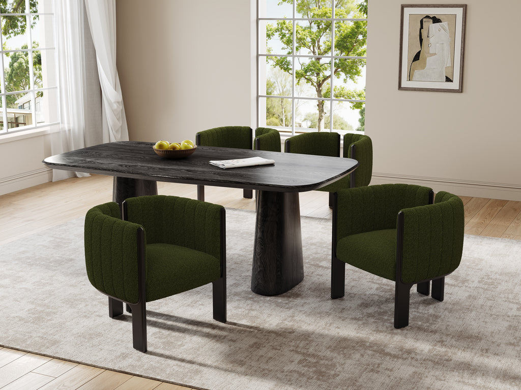 Modern dining chairs set of 4 with black rubber wood frame and olive green fabric around a dark wood table. Supports up to 225lbs, ideal for stylish dining rooms.