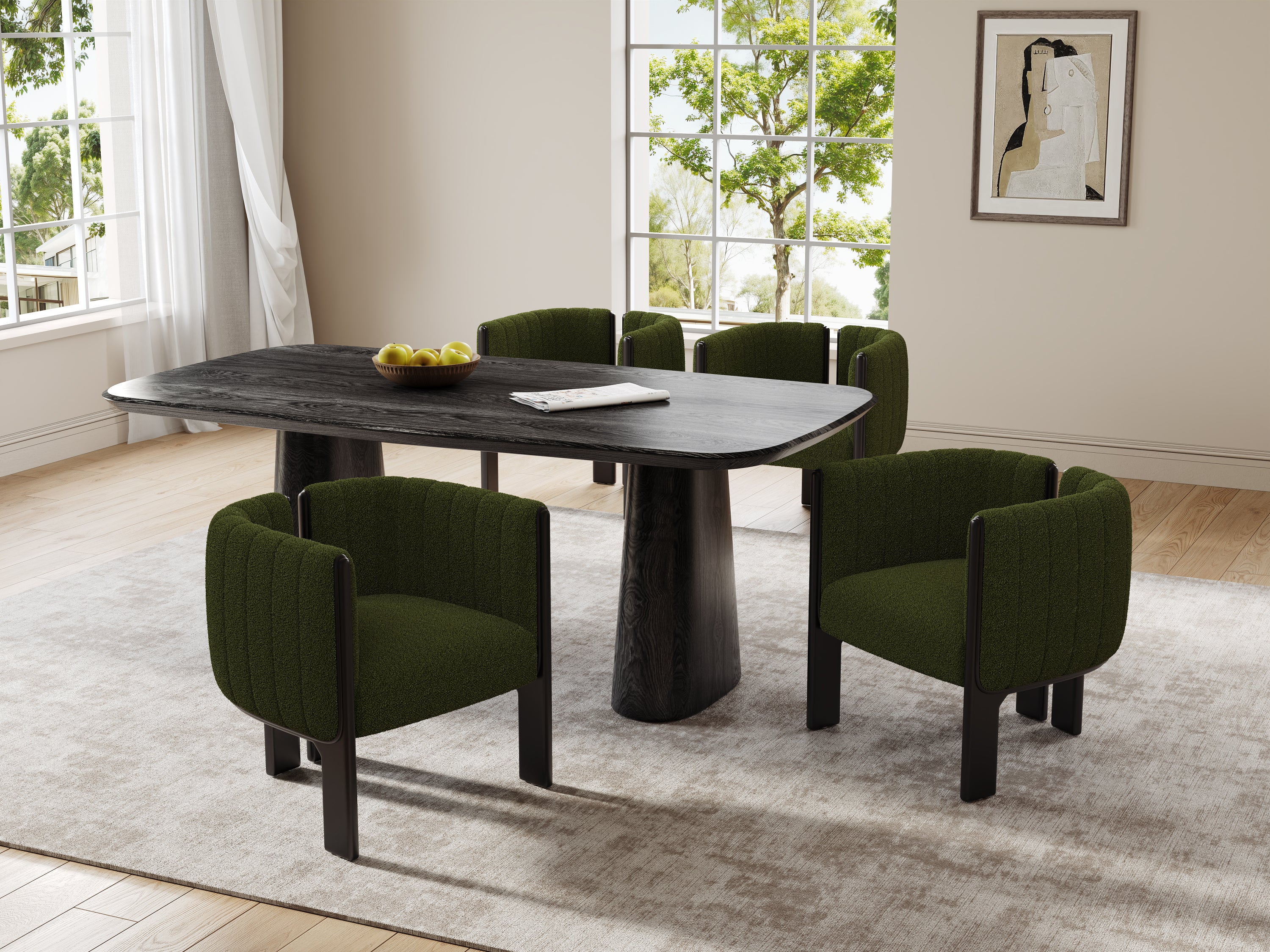 Modern dining chairs set of 4 with black rubber wood frame and olive green fabric around a dark wood table. Supports up to 225lbs, ideal for stylish dining rooms.