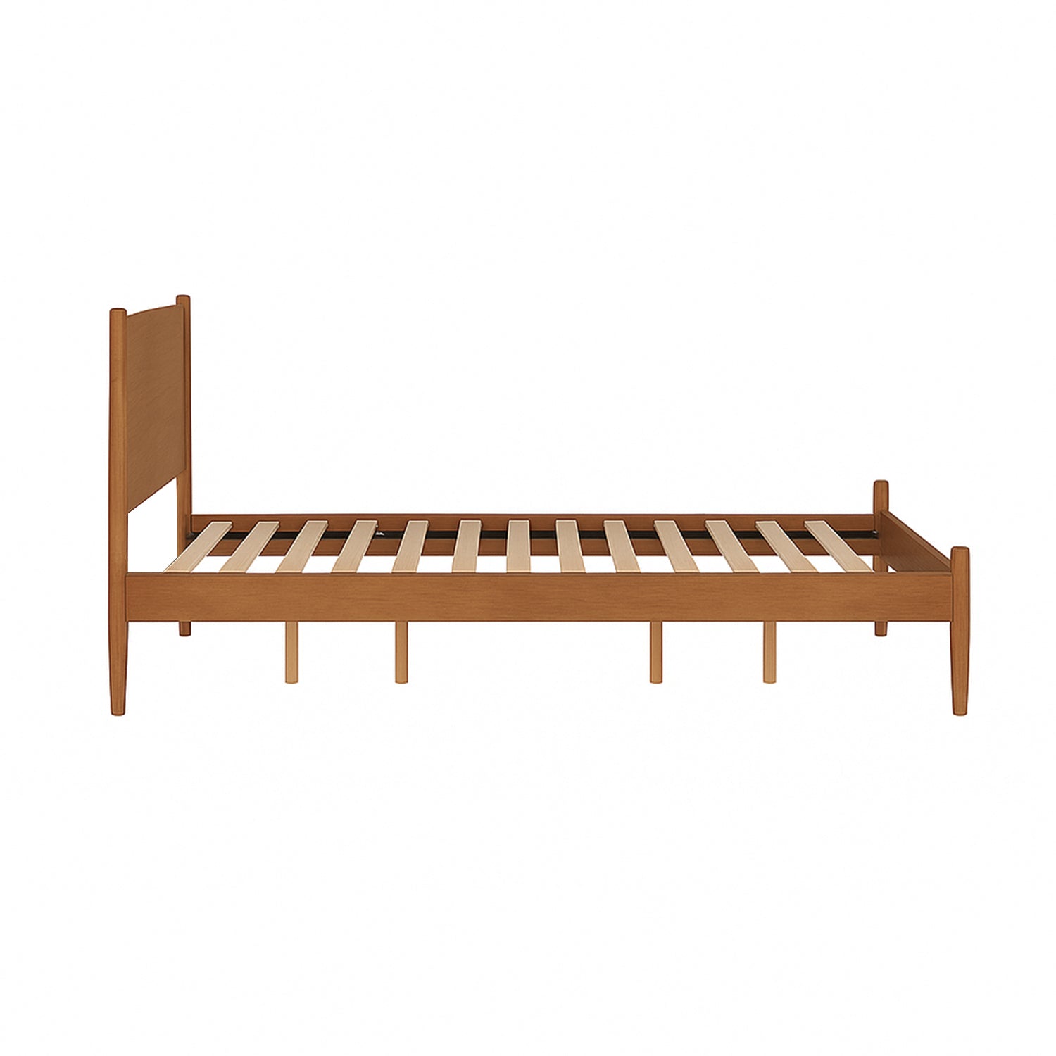 Side profile of Mid-Century Modern oak platform bed frame in full size, showing tapered legs and sturdy wooden slat construction for durability.