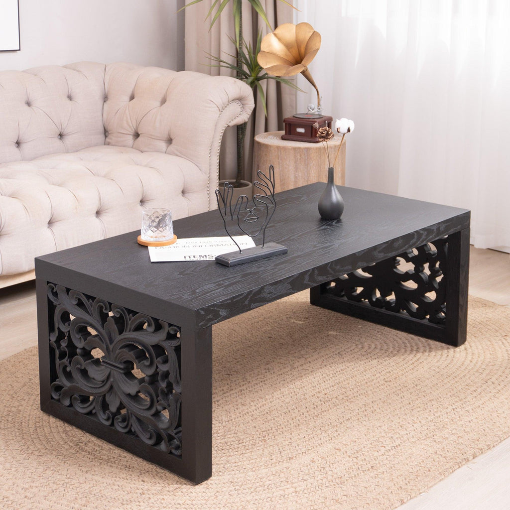 47.2' Solid Black Carved Wood Coffee Table – Handcrafted Look with Ornate Side Panels.