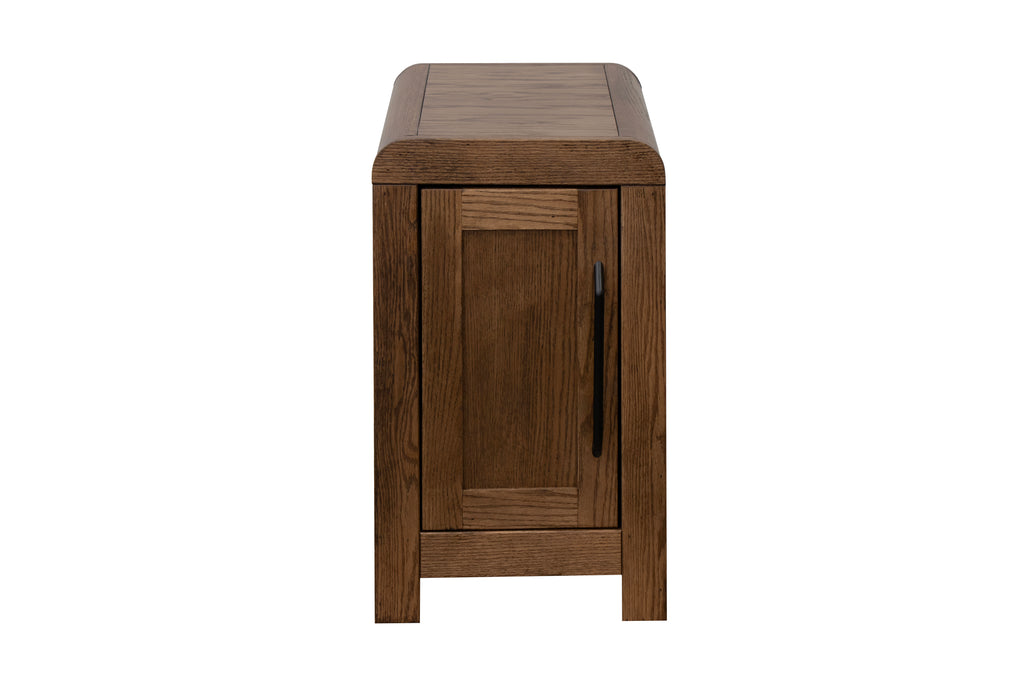 Side view of Haven 15 inch Oak Chairside Table showing sleek profile and black handle. No assembly oak table ideal for small spaces.