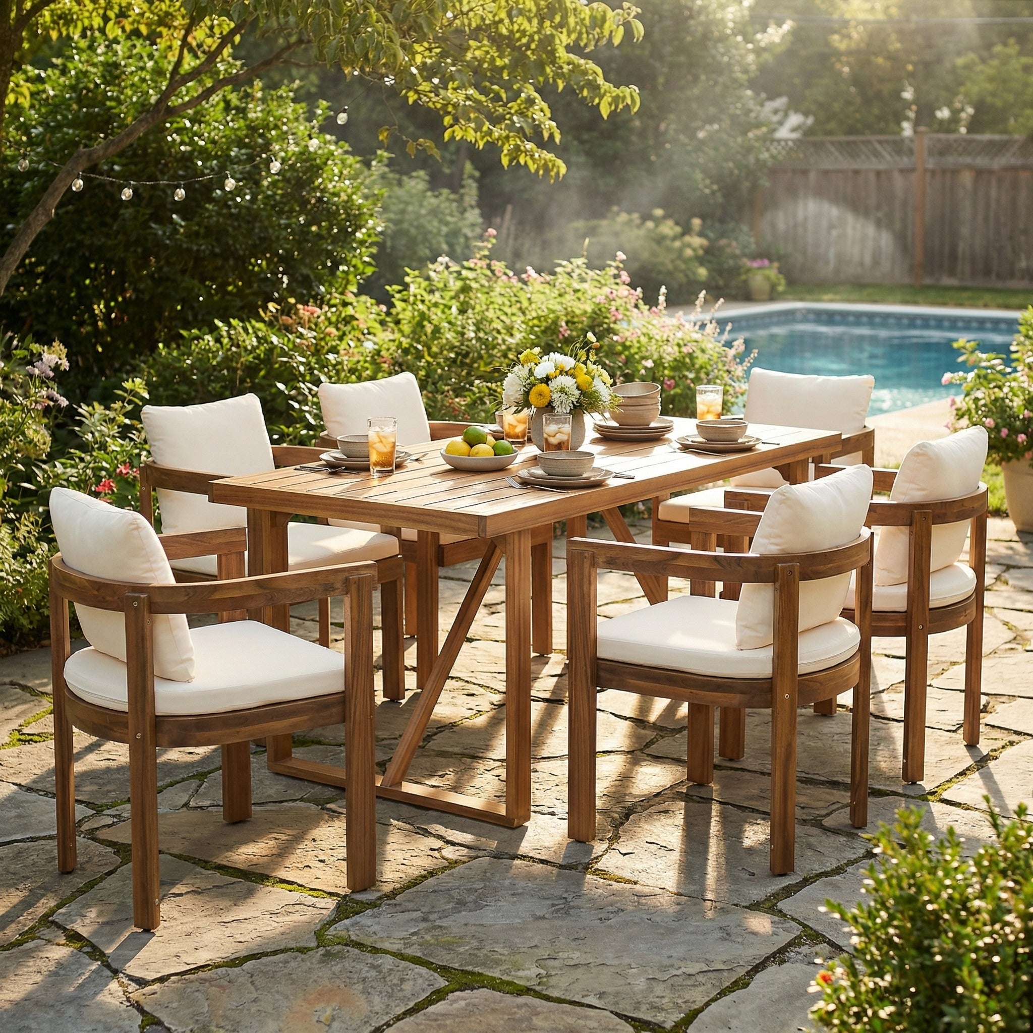 7-Piece Acacia Wood Outdoor Dining Set with Cream Cushions