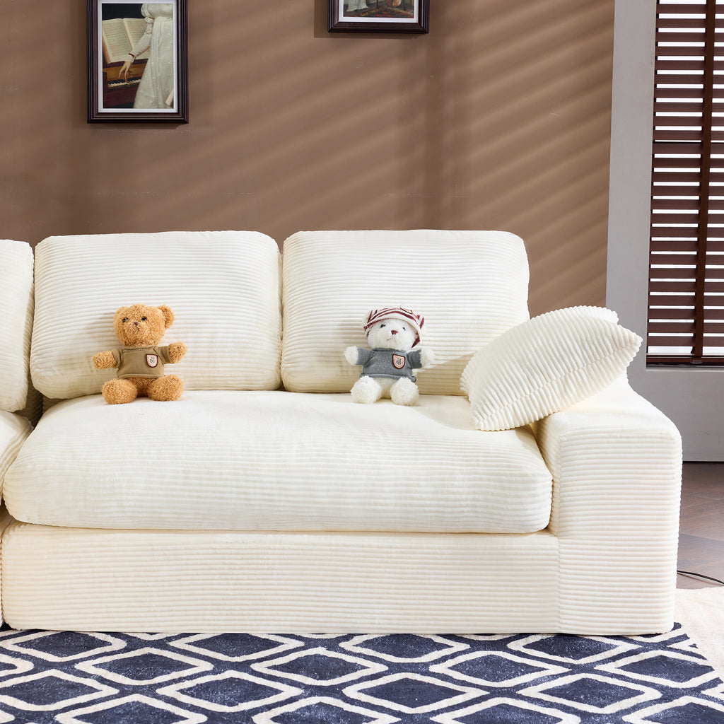 Close-up of right seating area of White Corduroy Sofa with plush cushions and soft corduroy fabric for cozy lounging.