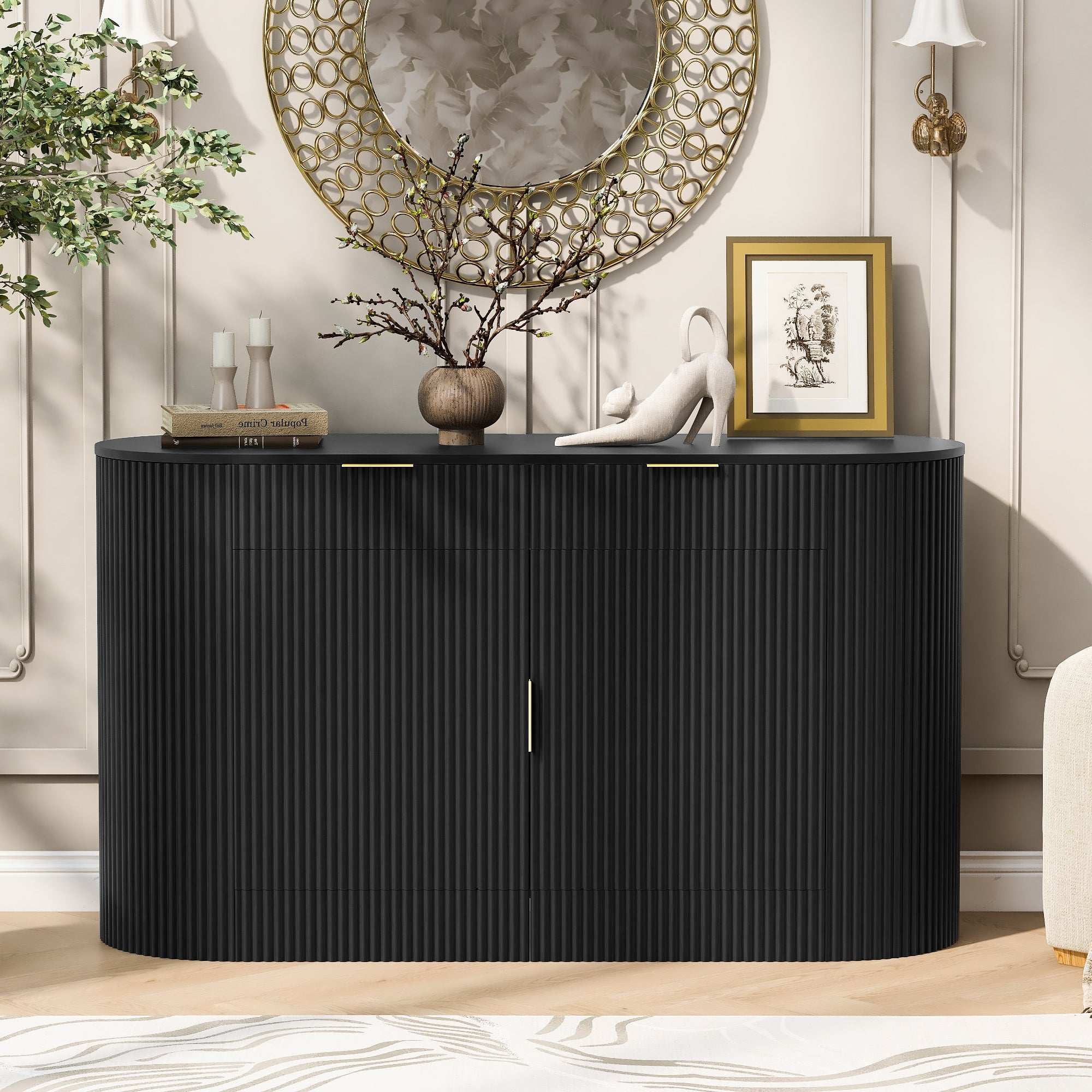 U_STYLE Storage Cabinet - Modern Design & Ample Space featuring a sleek black finish with closed doors and gold handles, styled with decorative items.